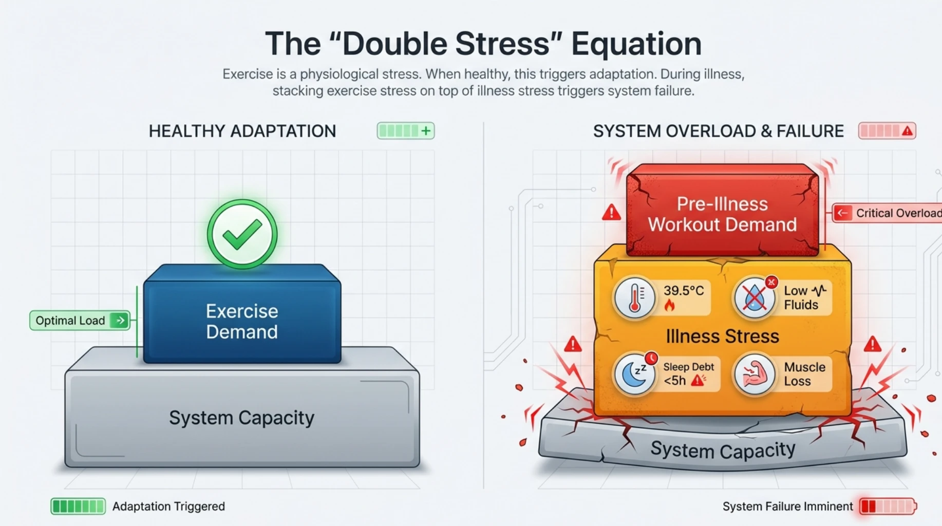 How exercising during illness can combine workout stress with fever, poor sleep, low fluids and muscle loss, increasing the risk of system overload