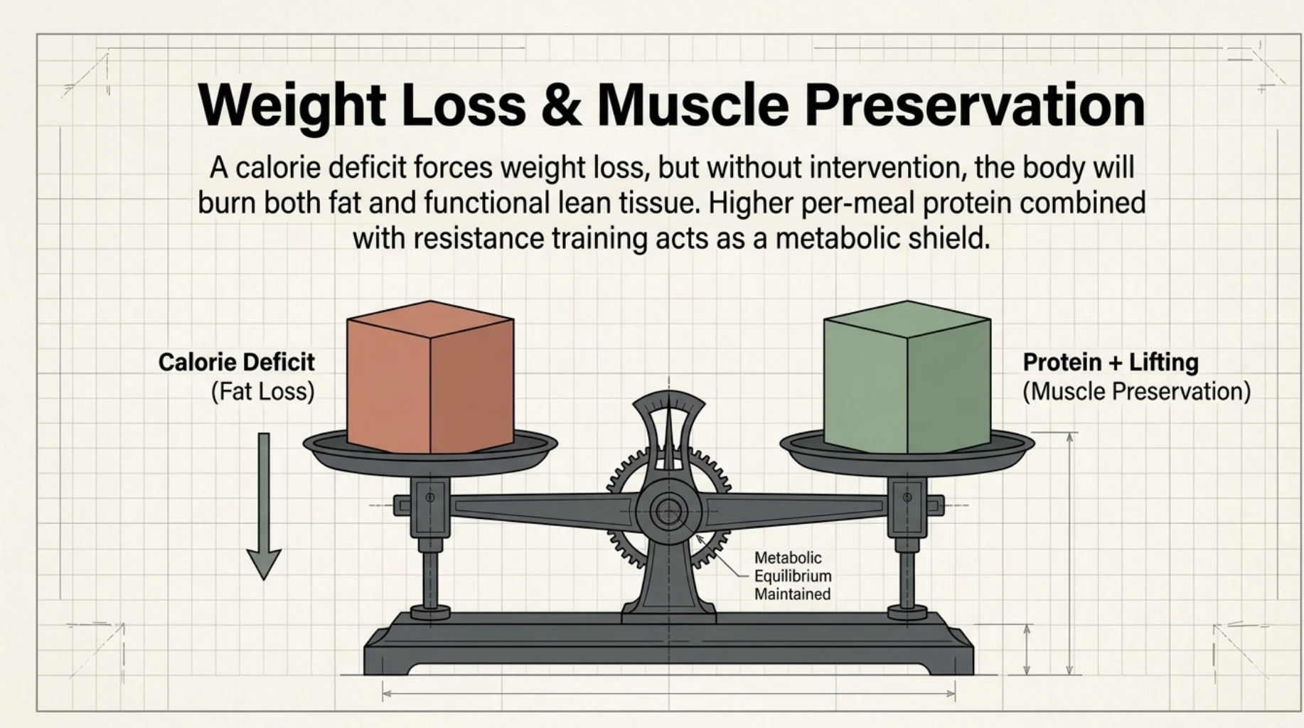 Infographic explaining how adequate protein and resistance training can help preserve muscle during weight loss while maintaining a calorie deficit for fat loss.