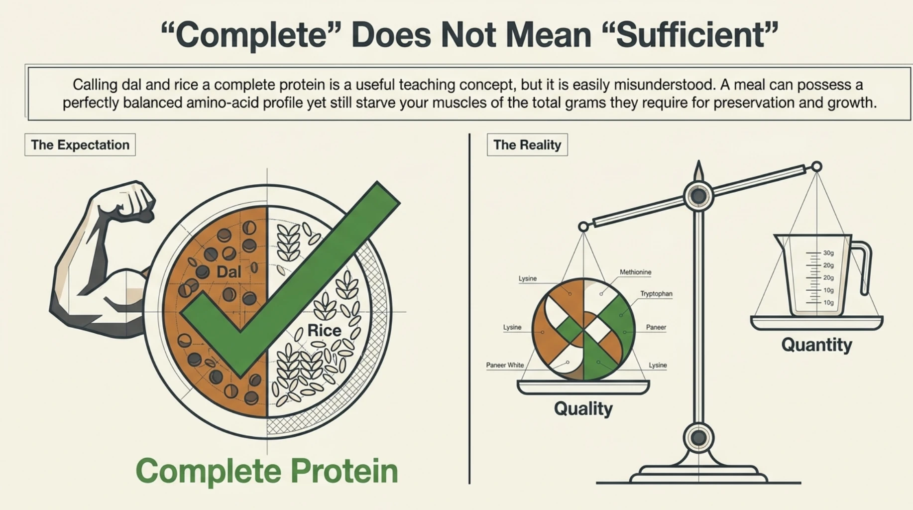 Dal and rice as a complete protein showing the difference between protein quality and total protein quantity.