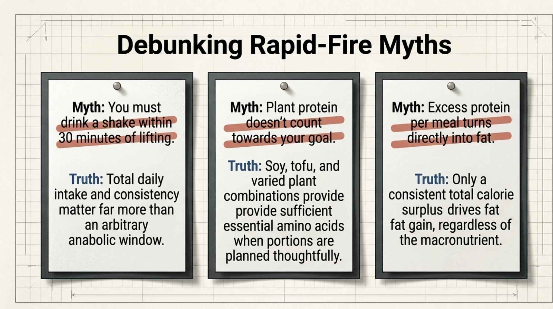 Infographic debunking common protein myths about the post-workout anabolic window, plant protein, and whether excess protein consumed in one meal directly becomes body fat.