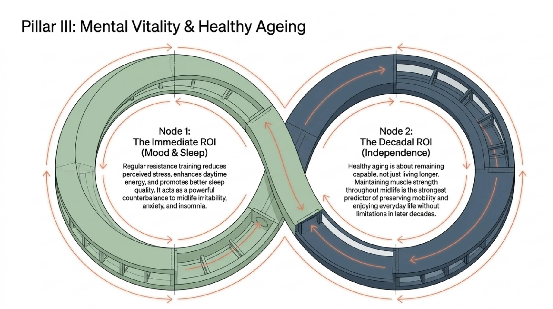 Infinity-loop infographic illustrating the immediate benefits of strength training for mood and sleep and its long-term role in mobility, independence, and healthy aging.