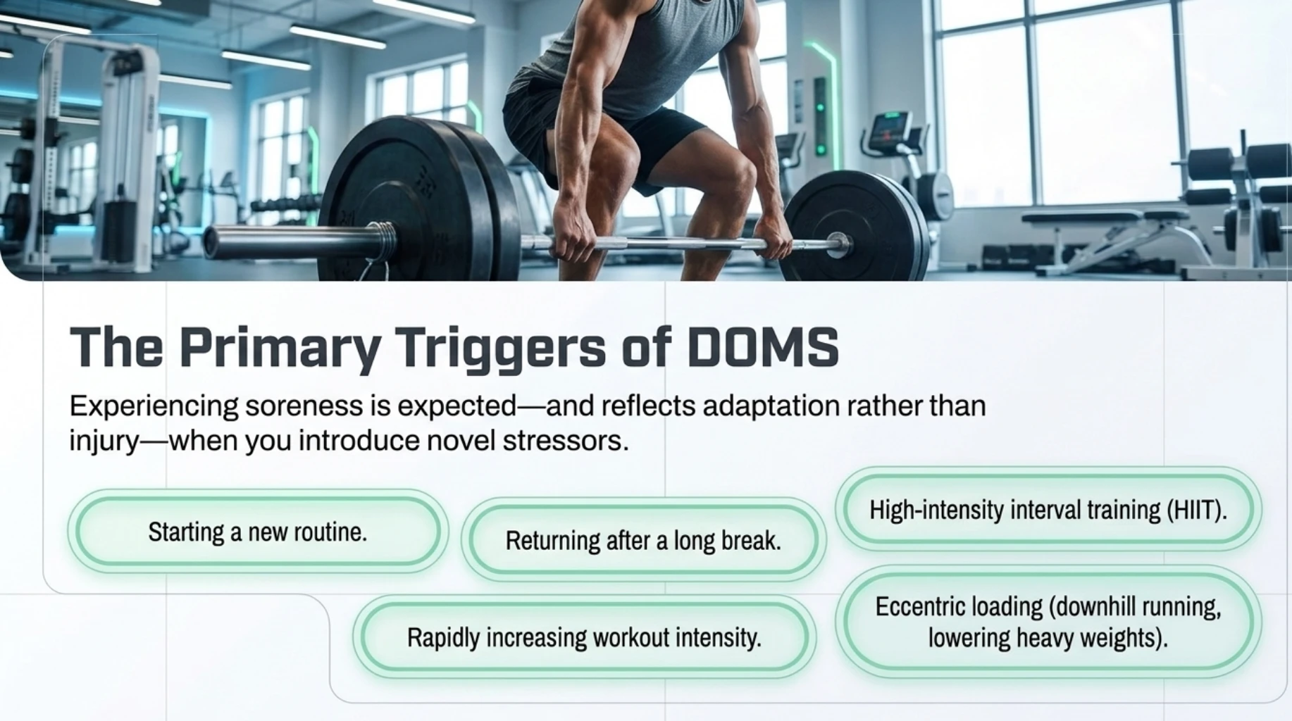 Infographic showing common triggers of delayed-onset muscle soreness, including beginning a new workout, returning after a break, rapidly increasing intensity, HIIT, and eccentric exercise.