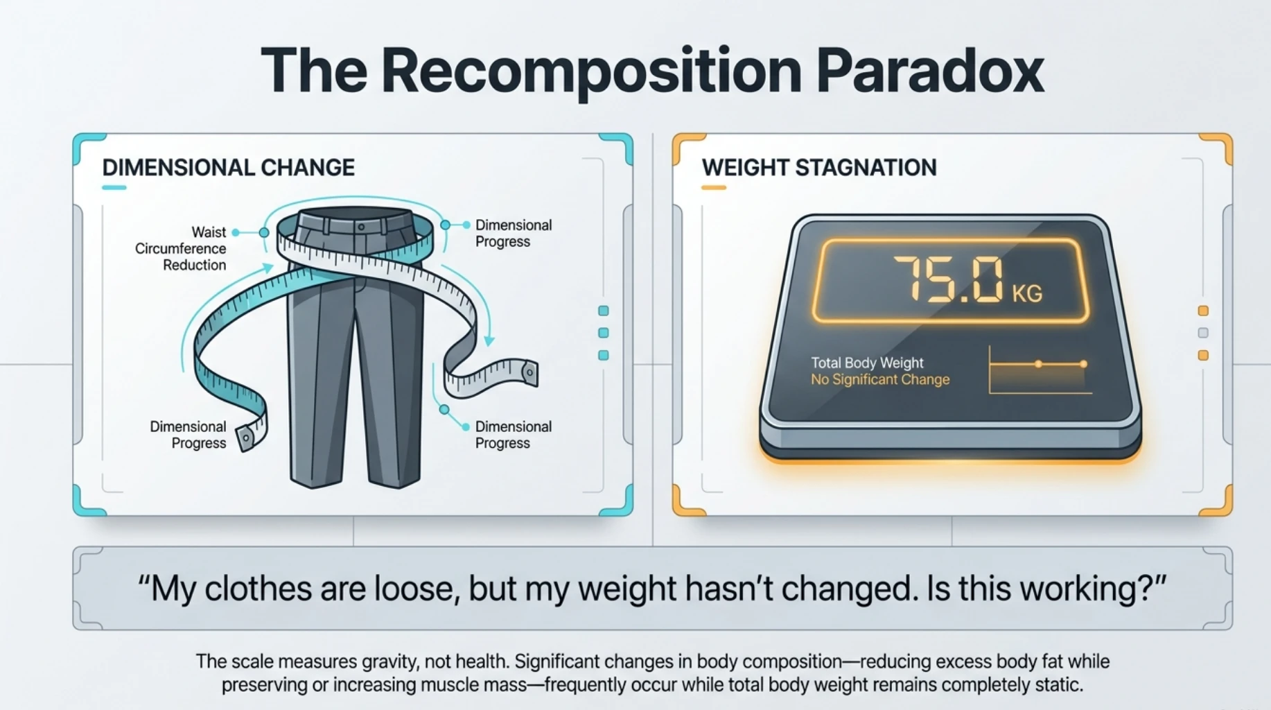 Infographic explaining body recomposition, where waist circumference and clothing size decrease even when body weight on the scale remains unchanged.