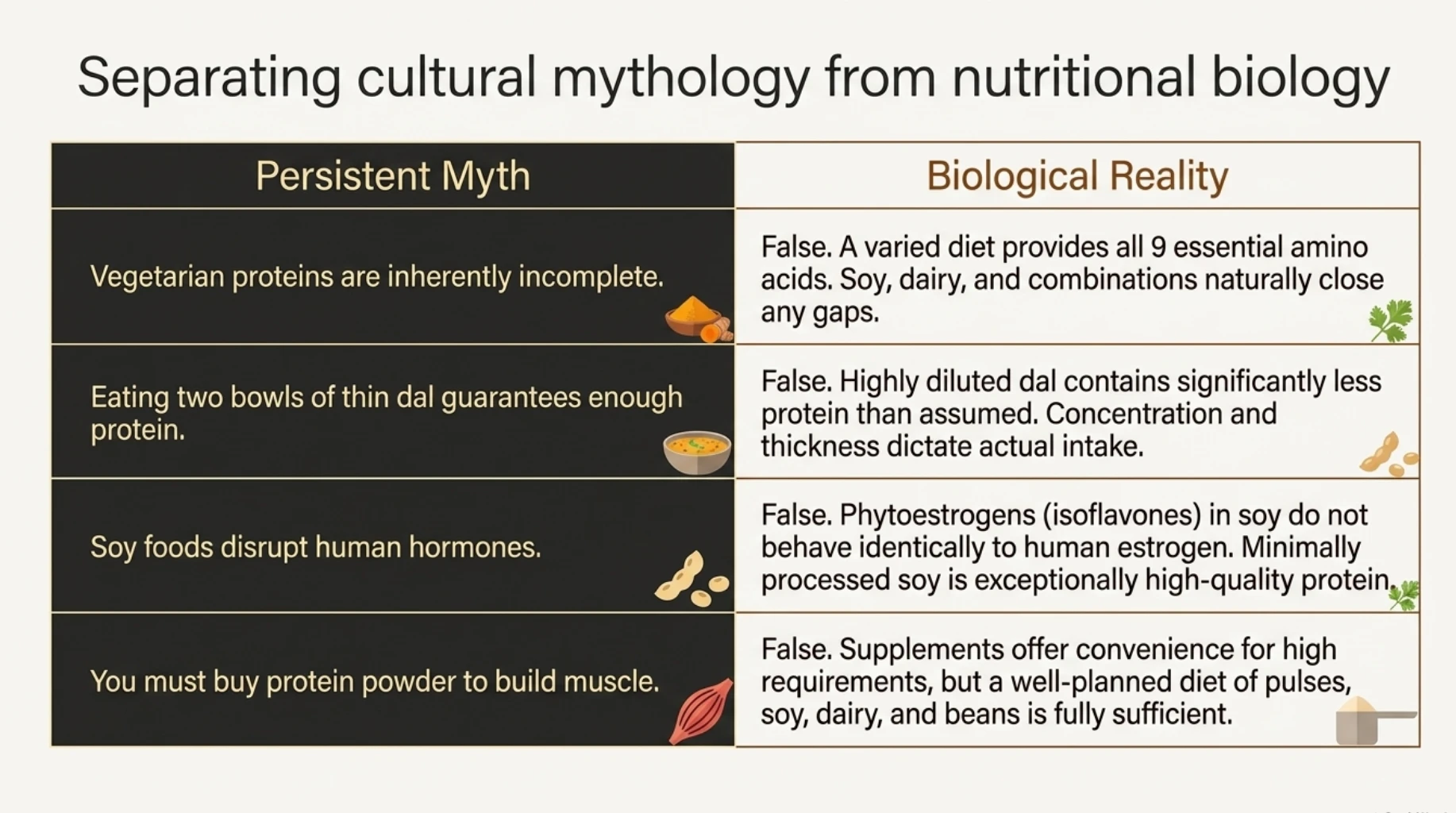 Common vegetarian protein myths and facts about amino acids, dal, soy foods and protein supplements.