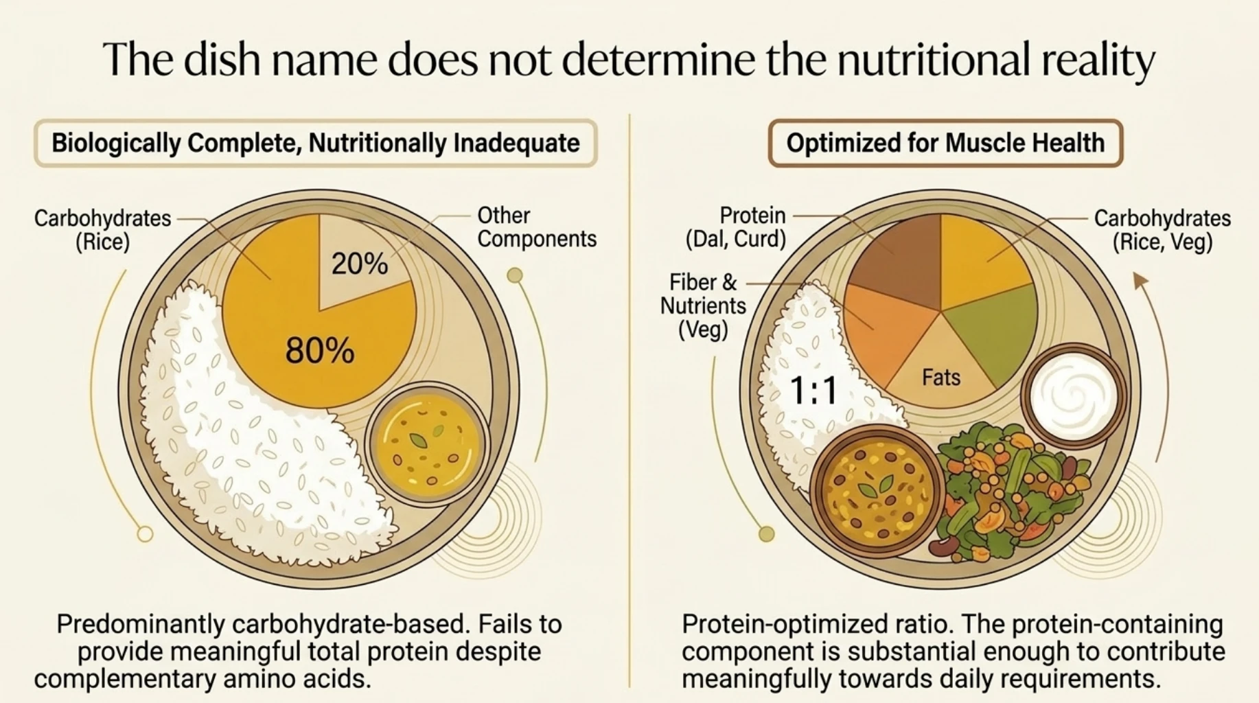Comparison of a rice-heavy dal meal with a protein-optimized Indian plate containing more dal, curd and vegetables.