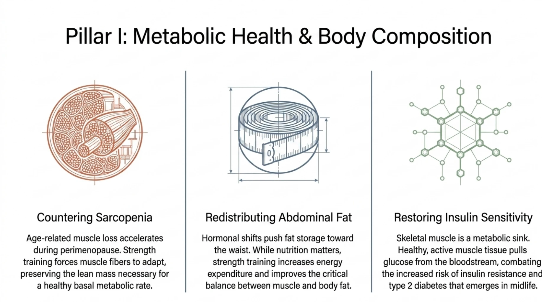 Infographic explaining how strength training during perimenopause helps counter muscle loss, redistribute abdominal fat, and improve insulin sensitivity and metabolic health.