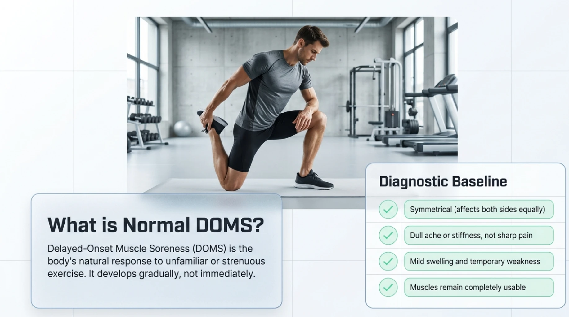 Person stretching after exercise with a guide to normal delayed-onset muscle soreness, including gradual onset, symmetrical discomfort, dull stiffness, mild weakness, and preserved muscle function.