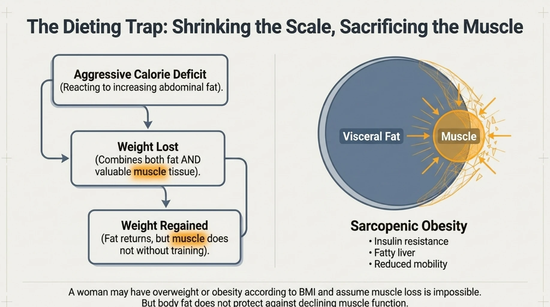 How aggressive calorie restriction can cause muscle loss and contribute to weight regain, visceral fat and sarcopenic obesity
