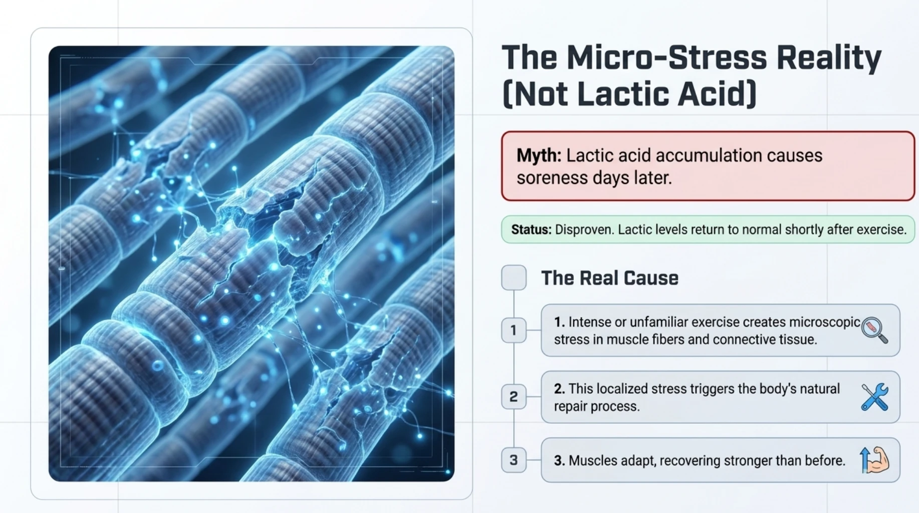Medical infographic explaining that delayed muscle soreness is caused by microscopic stress in muscle fibres and the subsequent repair process, rather than lactic acid accumulation.