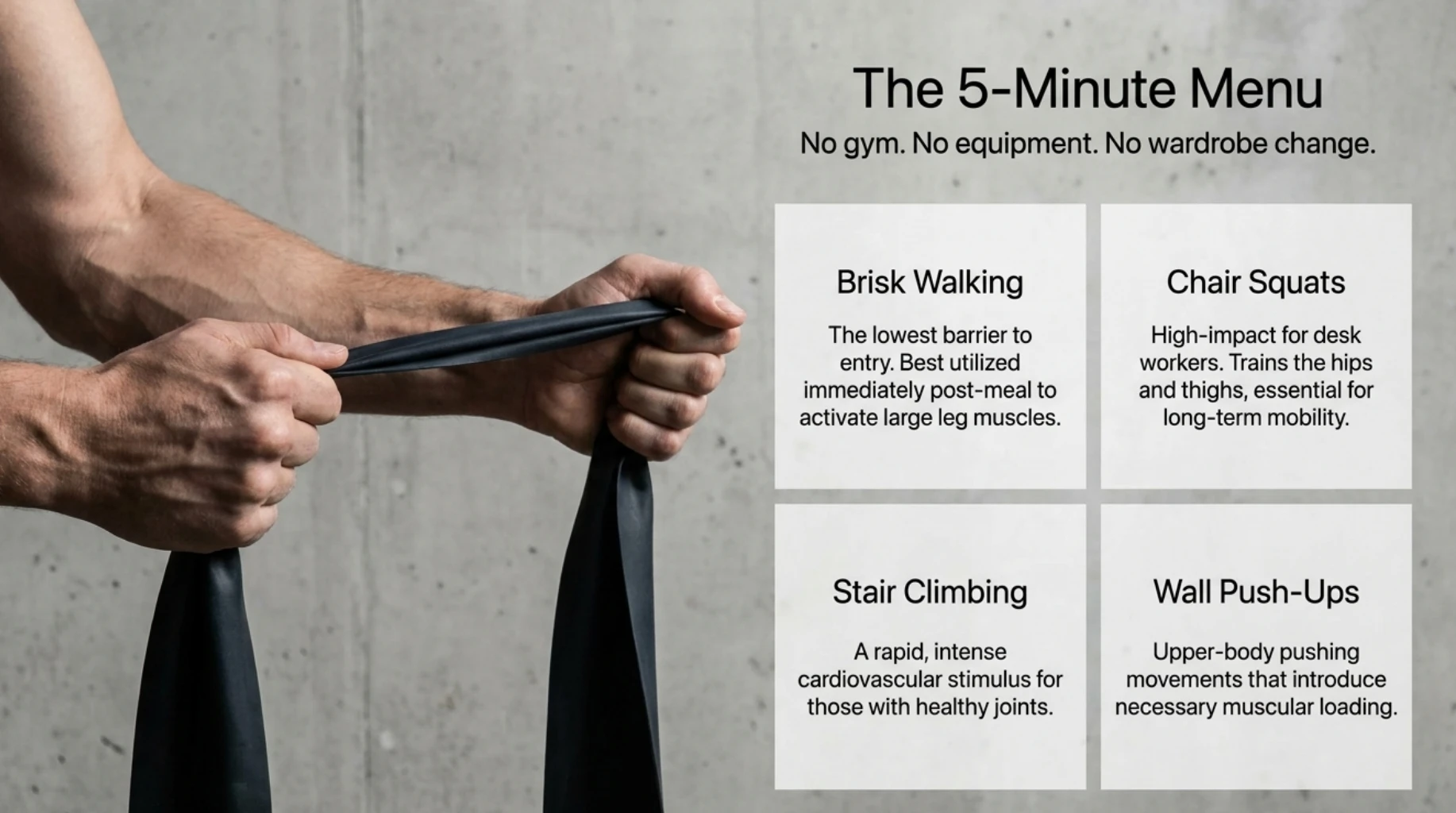Examples of 5-minute exercise snacks including brisk walking, chair squats, stair climbing and wall push-ups