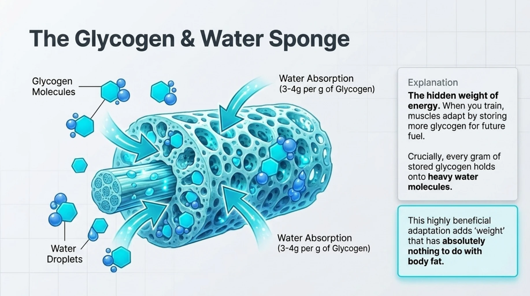 Infographic showing how muscle glycogen stores water, which can temporarily increase body weight and mask fat loss on the scale during exercise and strength training.