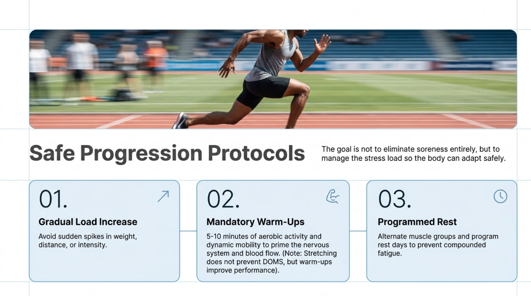 Safe exercise progression guide recommending gradual increases in training load, mandatory warm-ups, and programmed rest to reduce injury risk and prevent excessive muscle soreness.