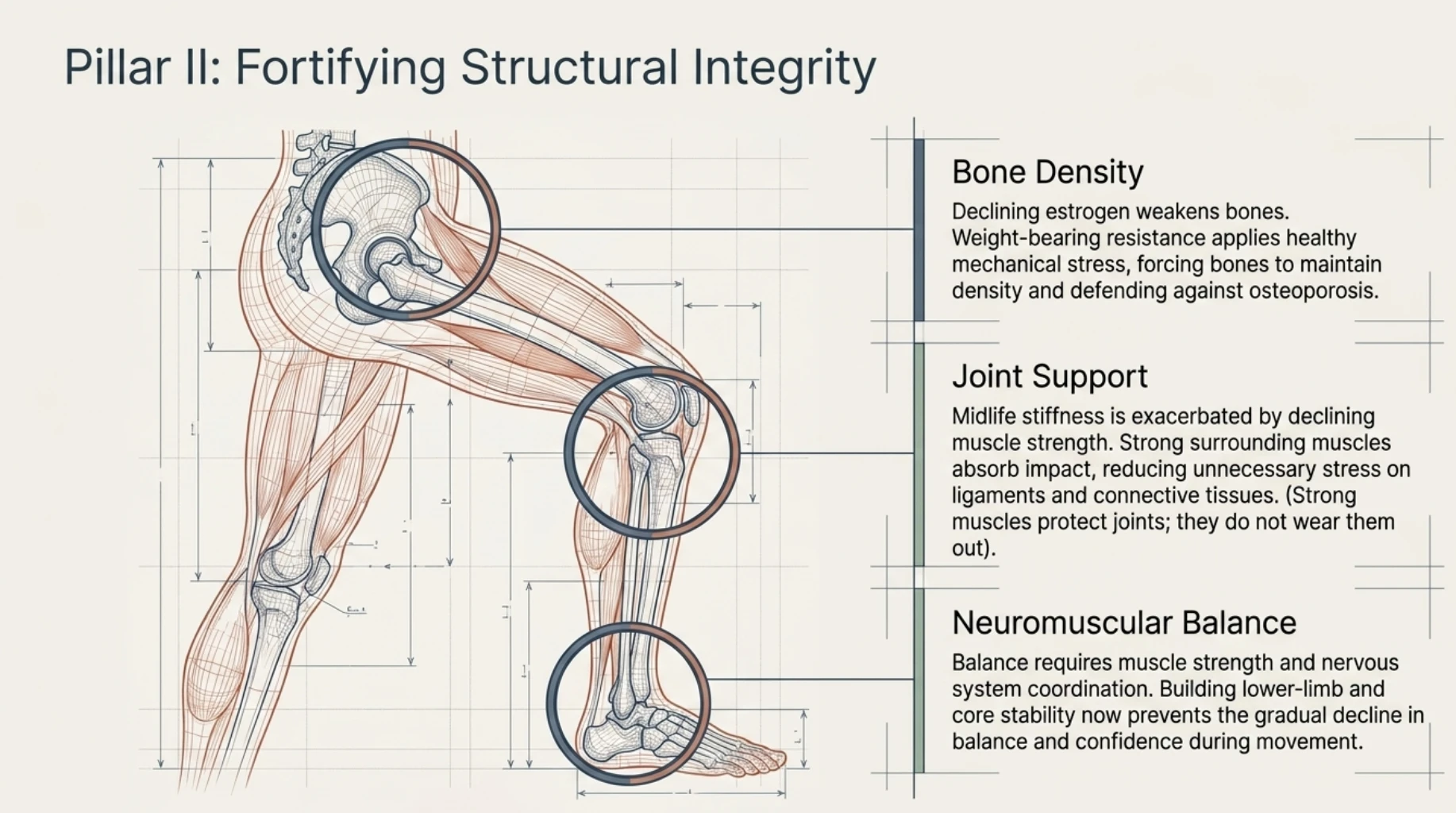Medical illustration showing how resistance training supports bone density, joint stability, surrounding muscles, and neuromuscular balance during perimenopause.