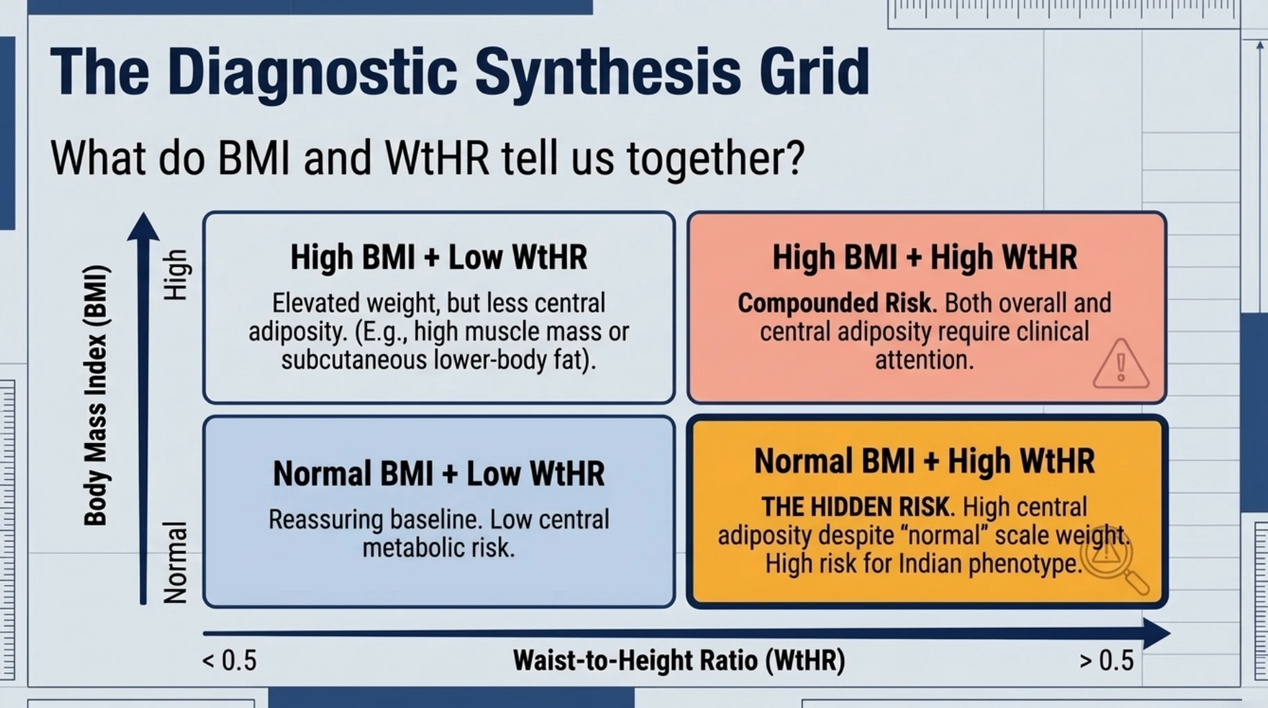 BMI and waist-to-height ratio diagnostic grid showing how a normal BMI with a high waist-to-height ratio can reveal hidden central obesity and metabolic risk