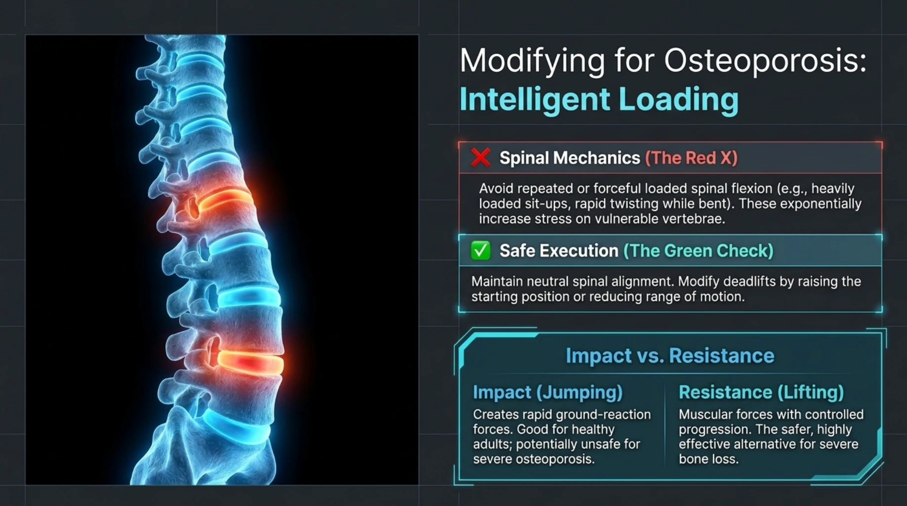 Resistance training for osteoporosis using controlled loading, neutral spinal alignment and appropriate modifications while avoiding forceful loaded spinal flexion