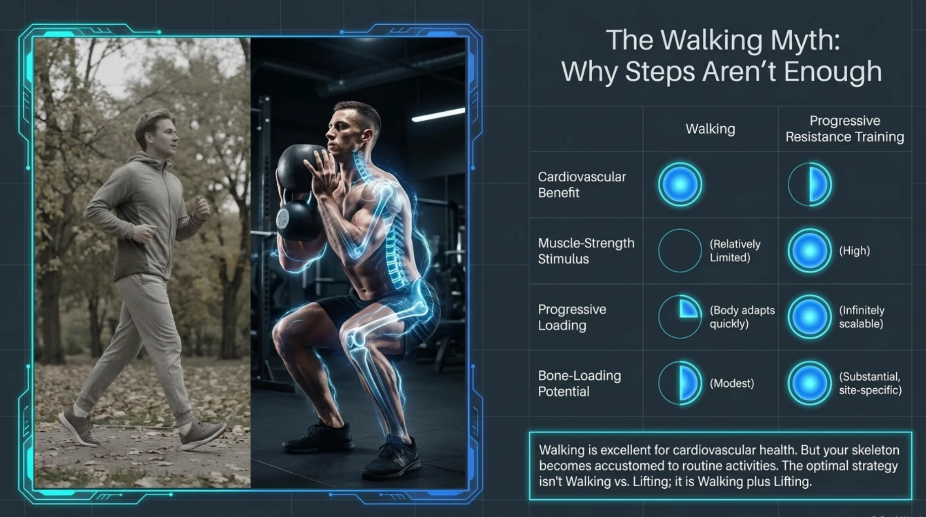 Walking versus progressive resistance training for bone health, comparing cardiovascular benefits, muscle strength, progressive loading and bone-loading potential