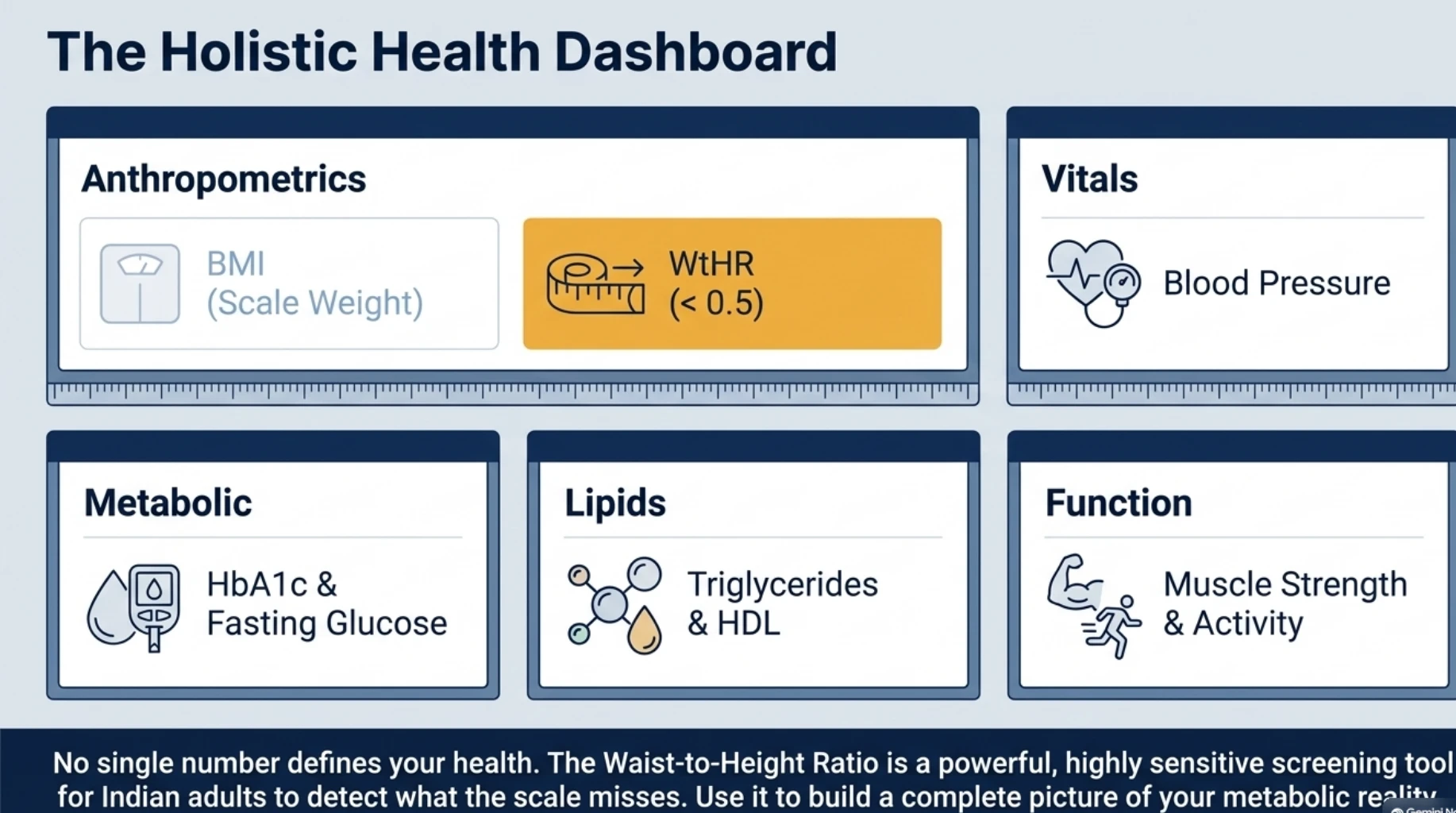 Holistic metabolic health assessment combining BMI, waist-to-height ratio, blood pressure, HbA1c, fasting glucose, triglycerides, HDL cholesterol, muscle strength and physical activity