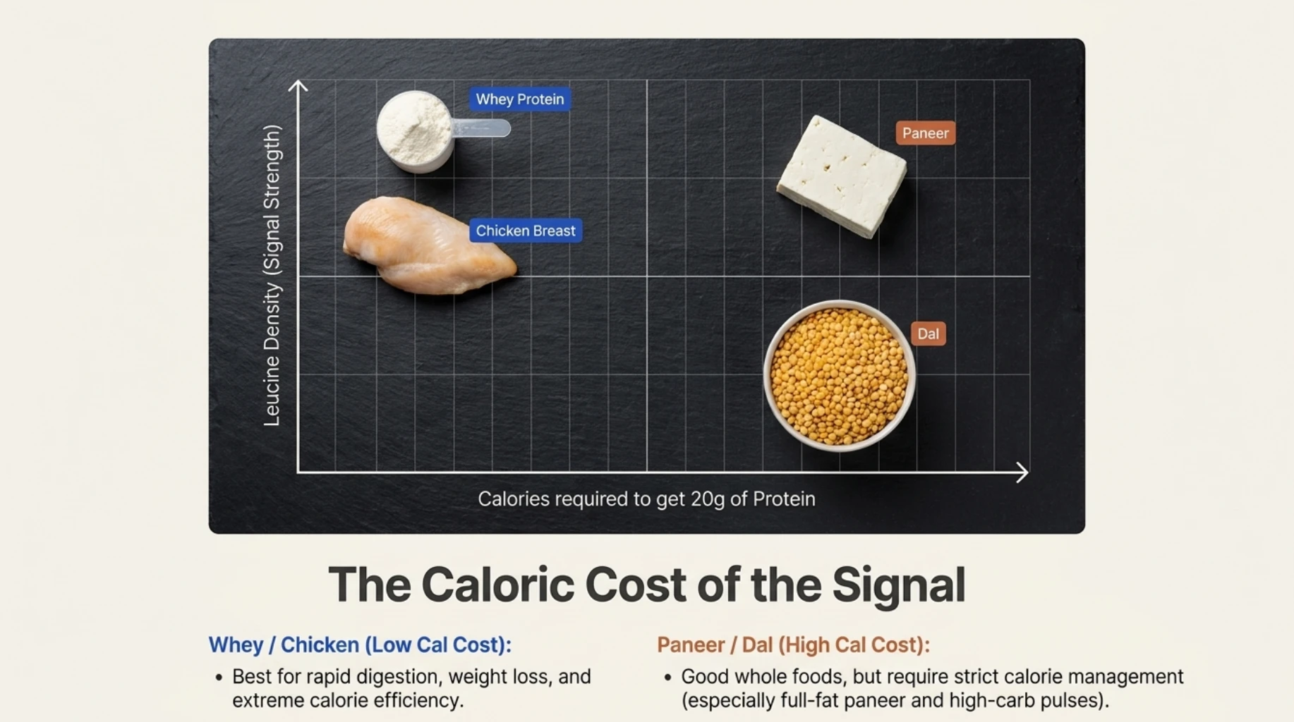 Comparison of whey protein, chicken breast, paneer and dal based on leucine density and the calories required to obtain 20 grams of protein