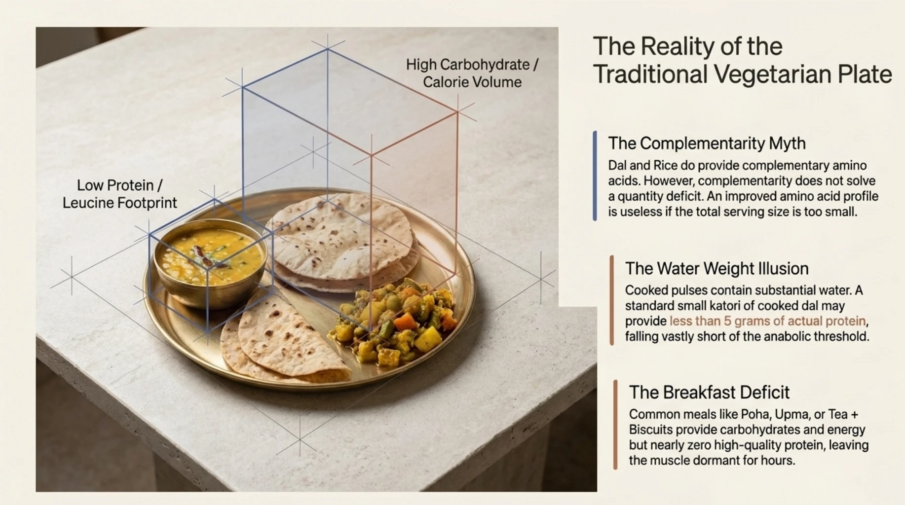 Traditional Indian vegetarian meal with dal, roti and vegetables illustrating how a meal can provide insufficient protein and leucine despite complementary plant proteins