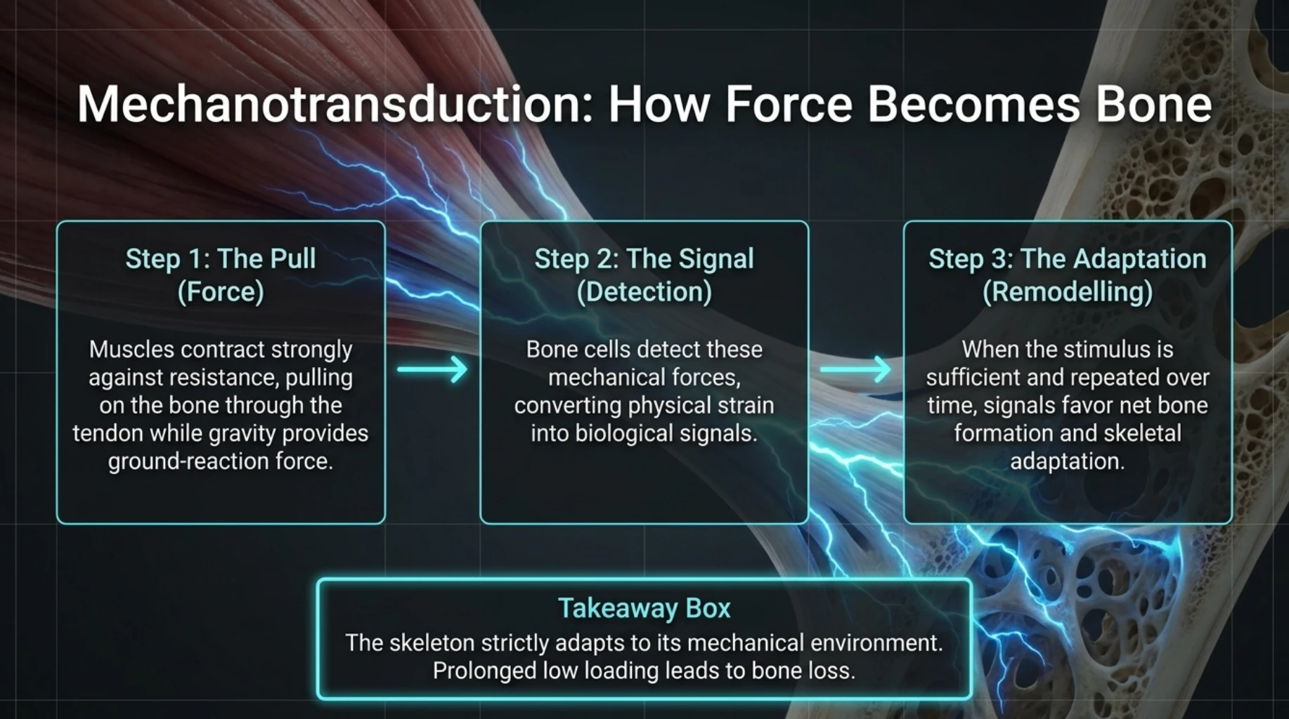 Mechanotransduction showing how muscle force and resistance training create mechanical signals that stimulate bone remodelling and skeletal adaptation