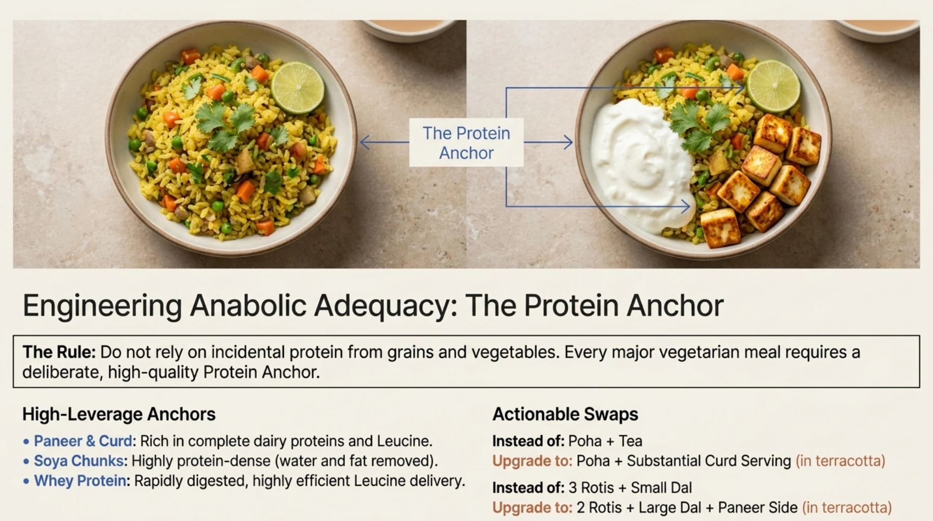 Protein anchor strategy for Indian vegetarian meals using paneer, curd, soy or whey protein to increase protein quality and leucine intake