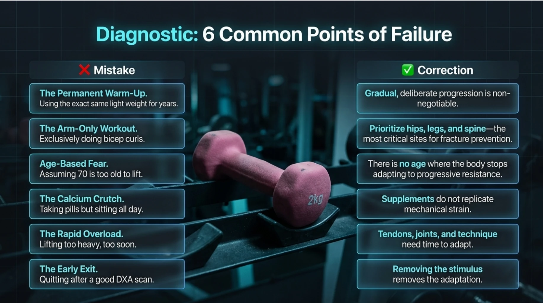 Common resistance training mistakes for bone health including using the same light weights, training only the arms, avoiding lifting because of age and relying only on calcium supplements