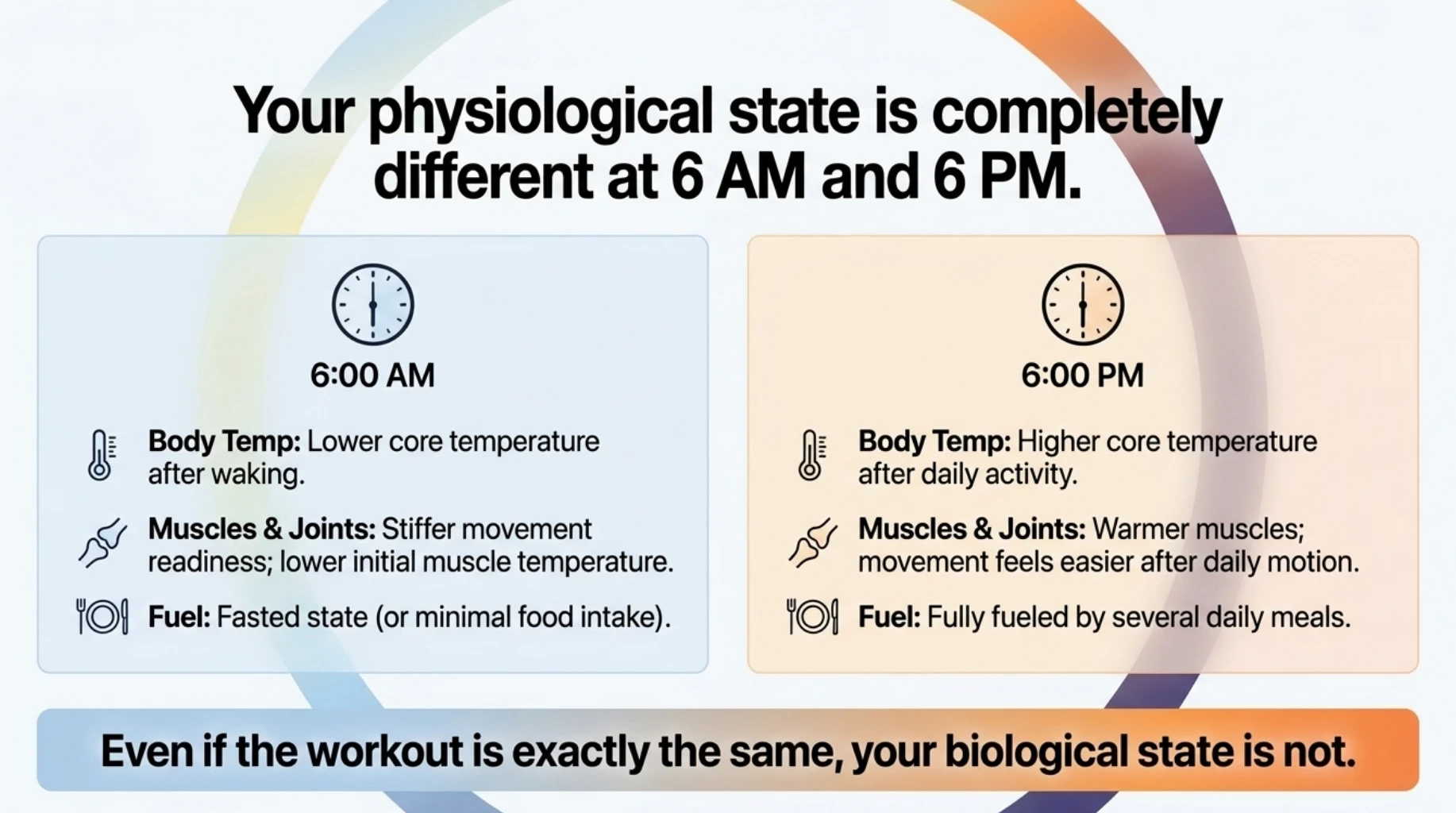 Physiological differences between morning and evening workouts including body temperature, muscle stiffness, joint mobility and availability of fuel