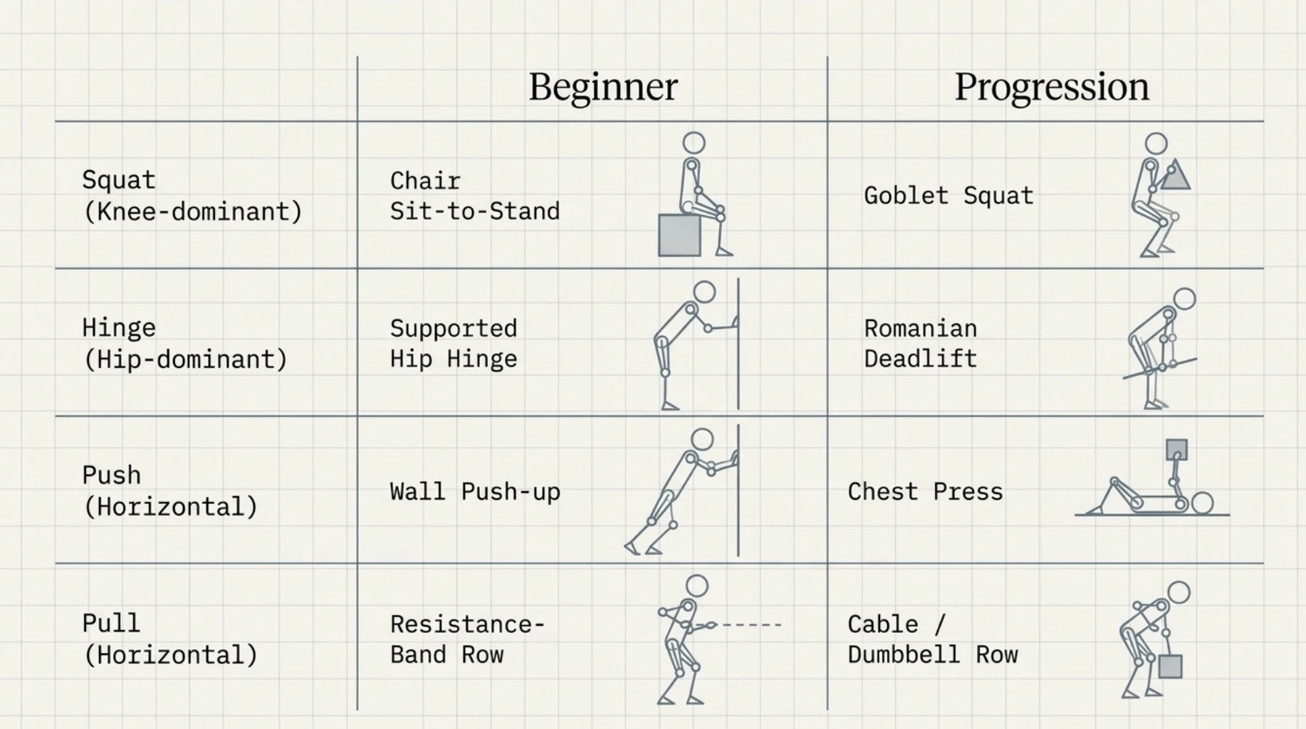 Beginner strength training exercises after 40 with progressions for squats, hip hinges, pushing and pulling movements using chairs, resistance bands, dumbbells and gym equipment