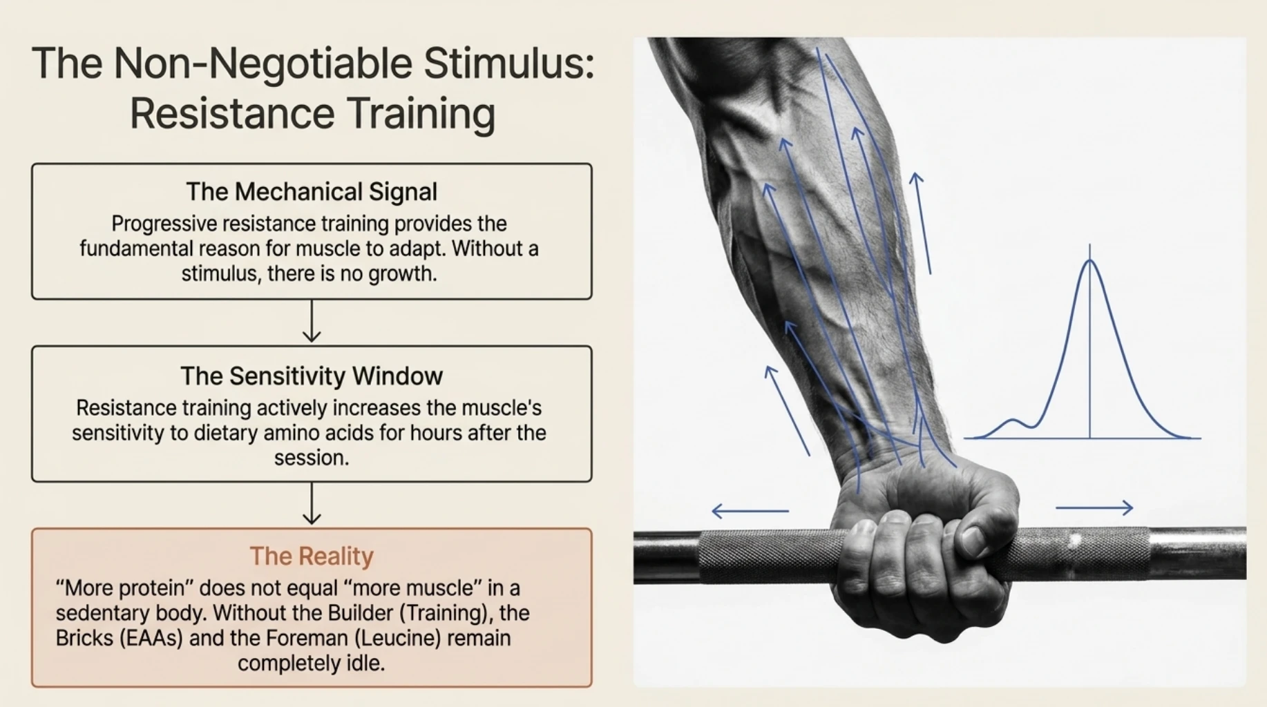 Resistance training provides the mechanical stimulus for muscle growth and increases muscle sensitivity to protein, leucine and essential amino acids after exercise