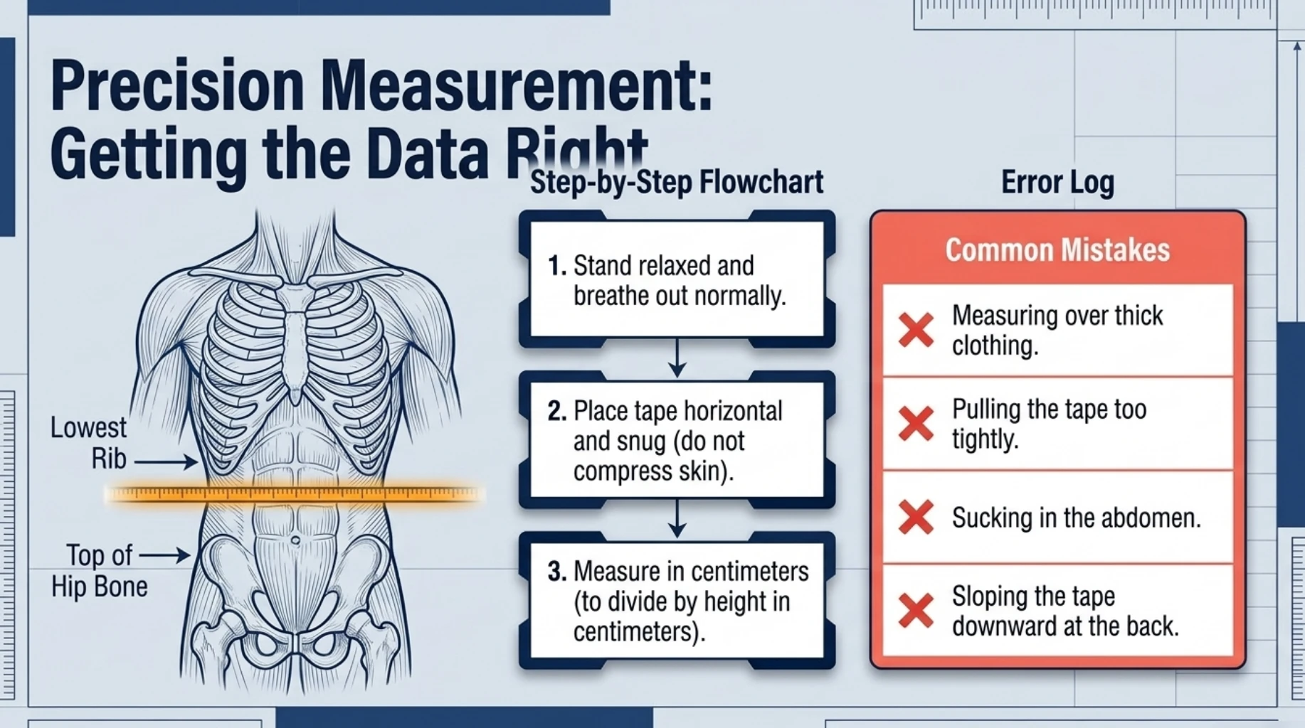 How to measure waist circumference correctly between the lowest rib and top of the hip bone while avoiding common tape measurement errors