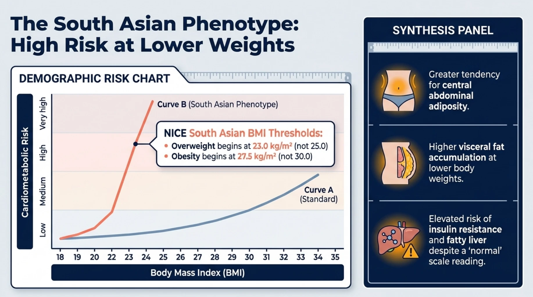 South Asian phenotype showing higher cardiometabolic risk at lower BMI due to greater central obesity, visceral fat, insulin resistance and fatty liver risk
