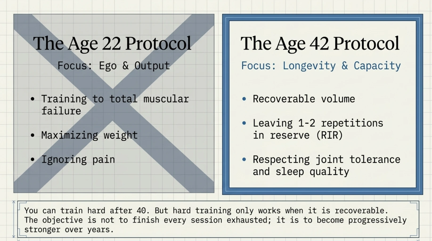 Strength training after 40 should prioritize recoverable training volume, repetitions in reserve, joint tolerance and sleep quality to build strength and long-term physical capacity