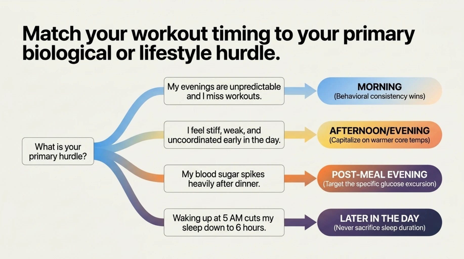 Guide to choosing the best workout time based on schedule, morning energy, post-meal blood sugar patterns and adequate sleep
