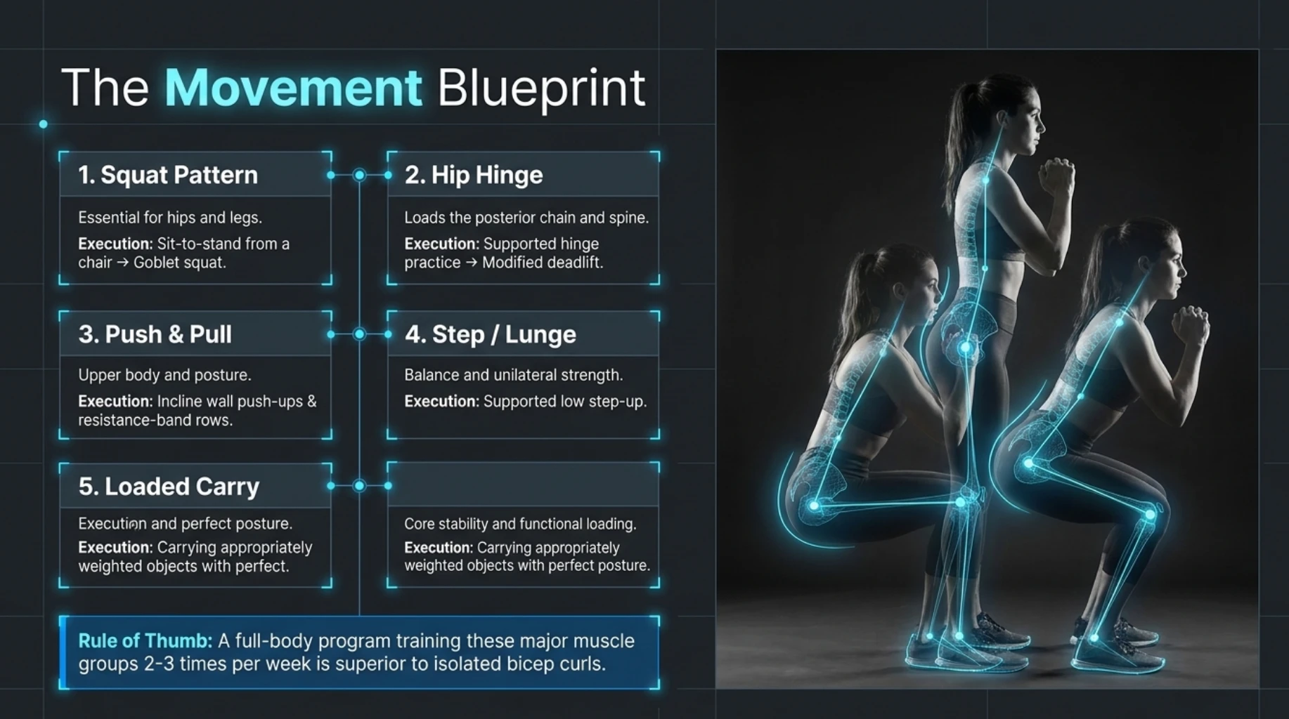 Resistance training movement patterns for bone density including squats, hip hinges, pushing, pulling, lunges, step-ups and loaded carries