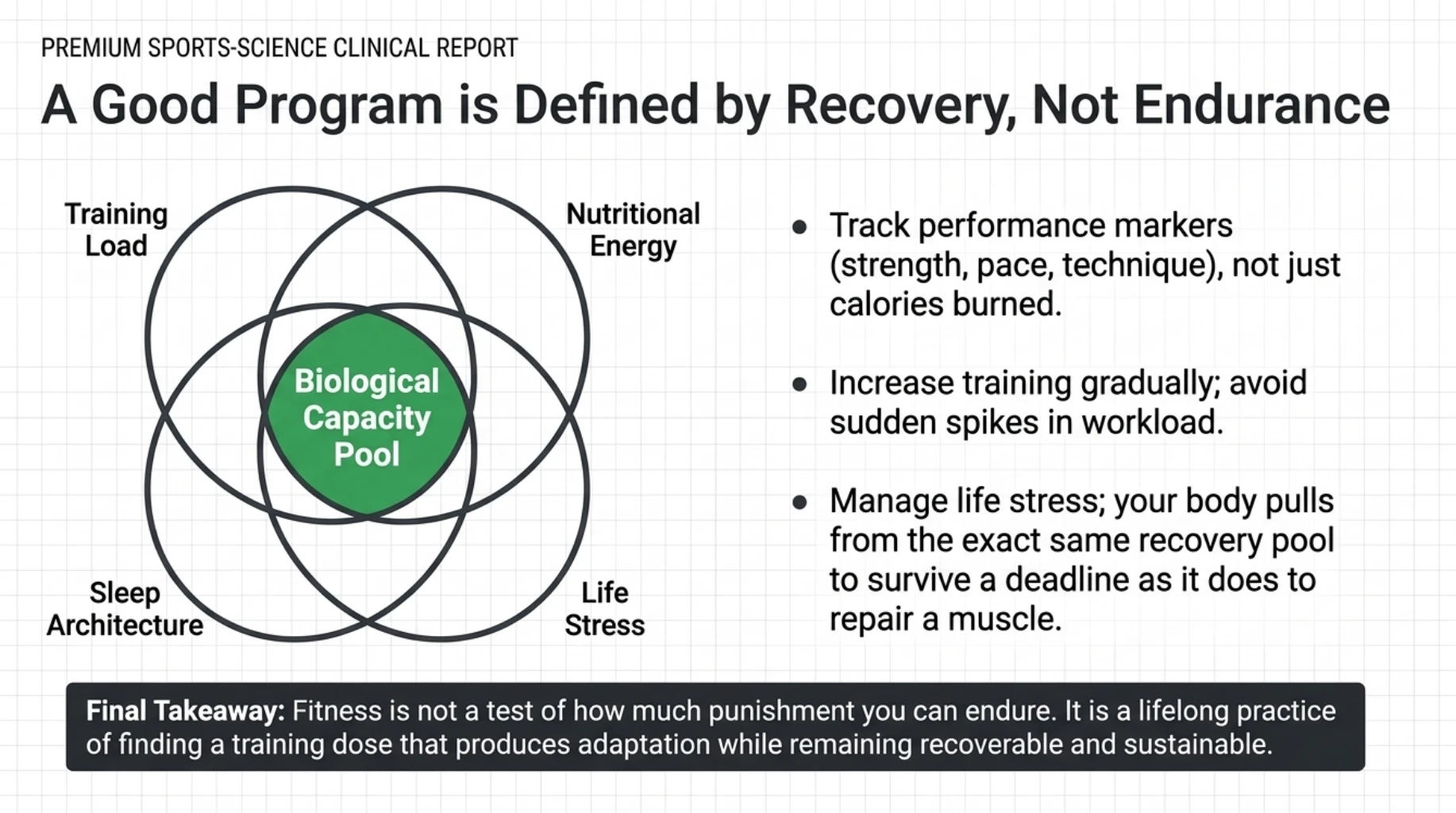 Sustainable exercise program balancing training load, nutrition, sleep and life stress to support recovery, adaptation and long-term fitness progress