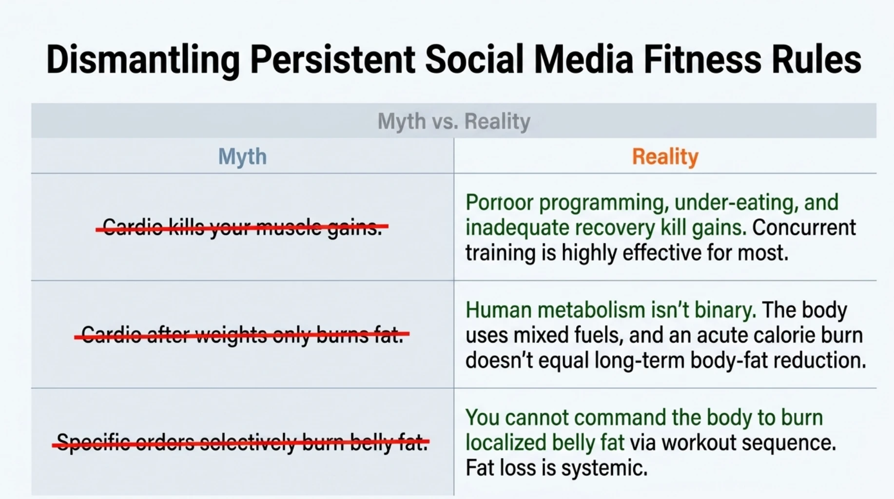 Common myths about cardio and weight training, including muscle loss, fat burning after weights and spot reduction through workout order