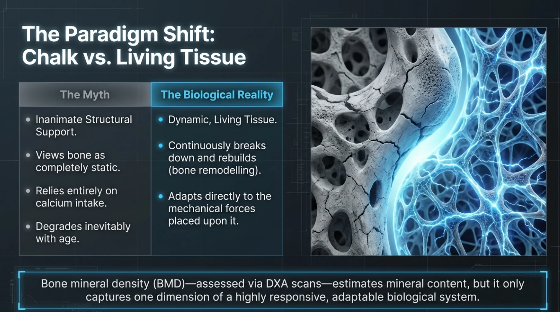 Bone is living tissue that continuously remodels and adapts to mechanical forces from exercise and progressive resistance training