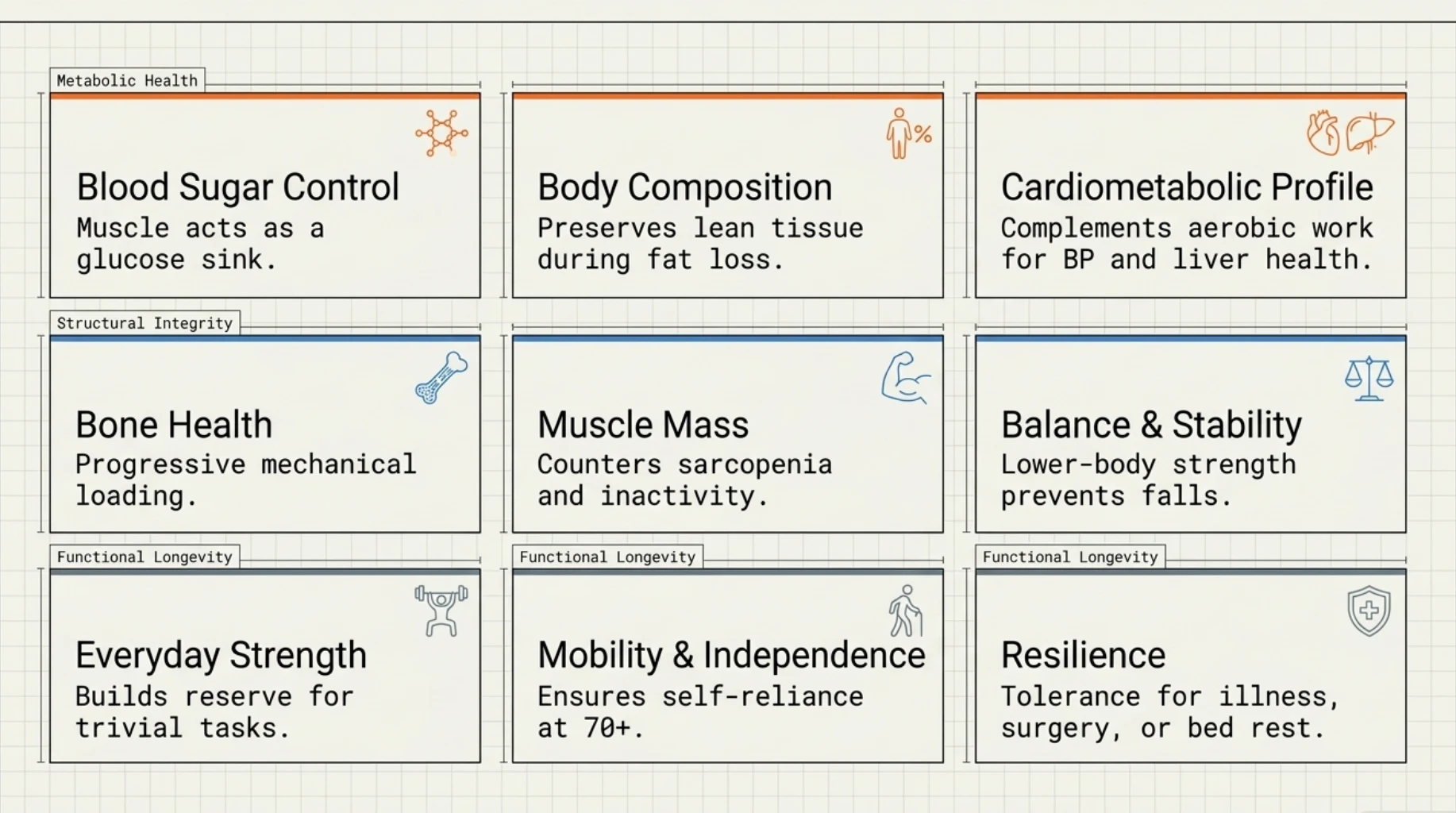 Benefits of strength training after 40 including better blood sugar control, body composition, bone health, muscle mass, balance, everyday strength, mobility and resilience