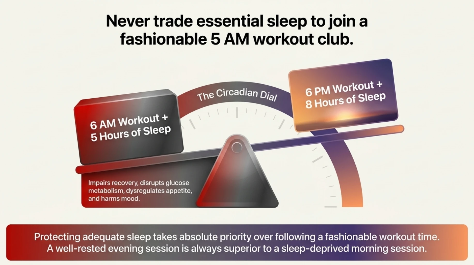 Comparison of an early morning workout with inadequate sleep versus an evening workout after sufficient sleep, highlighting the importance of recovery
