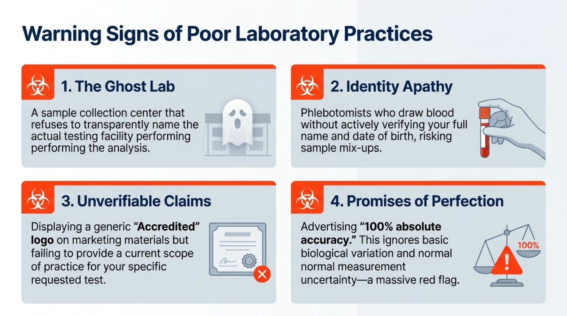 Four warning signs of poor pathology laboratory practices including undisclosed testing facilities, inadequate patient identification, unverifiable accreditation and claims of 100 percent test accuracy