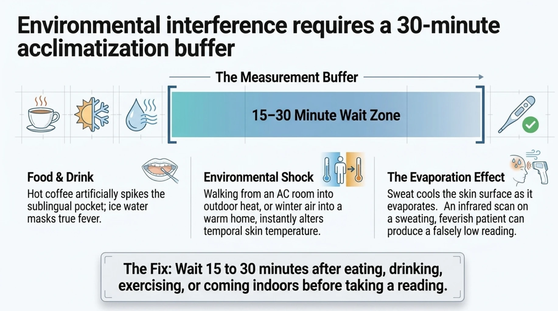 How hot or cold drinks, exercise, changes in room temperature and sweating can affect digital thermometer readings, with a recommended 15 to 30 minute waiting period