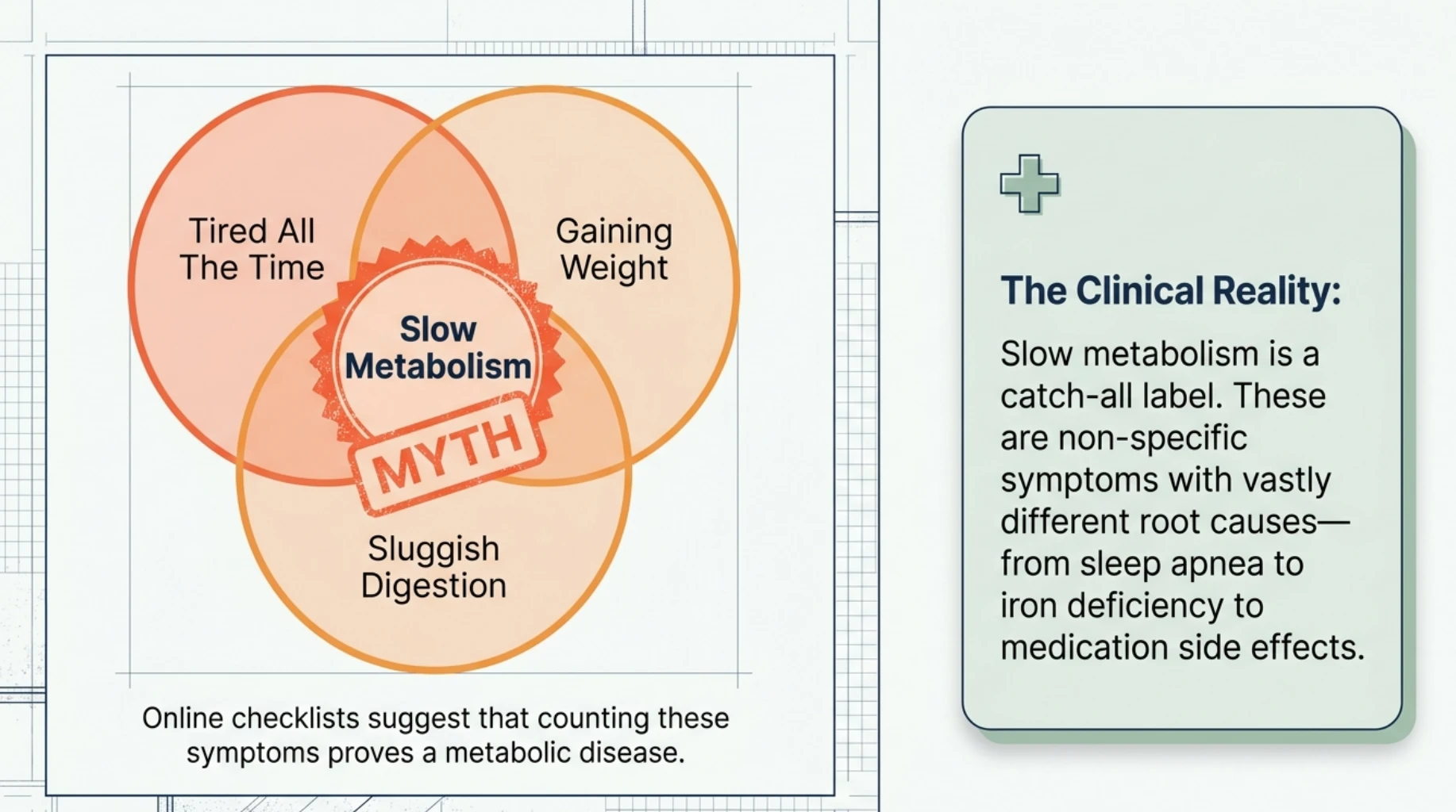 Infographic explaining why tiredness, weight gain and sluggish digestion are nonspecific symptoms that do not necessarily indicate a slow metabolism