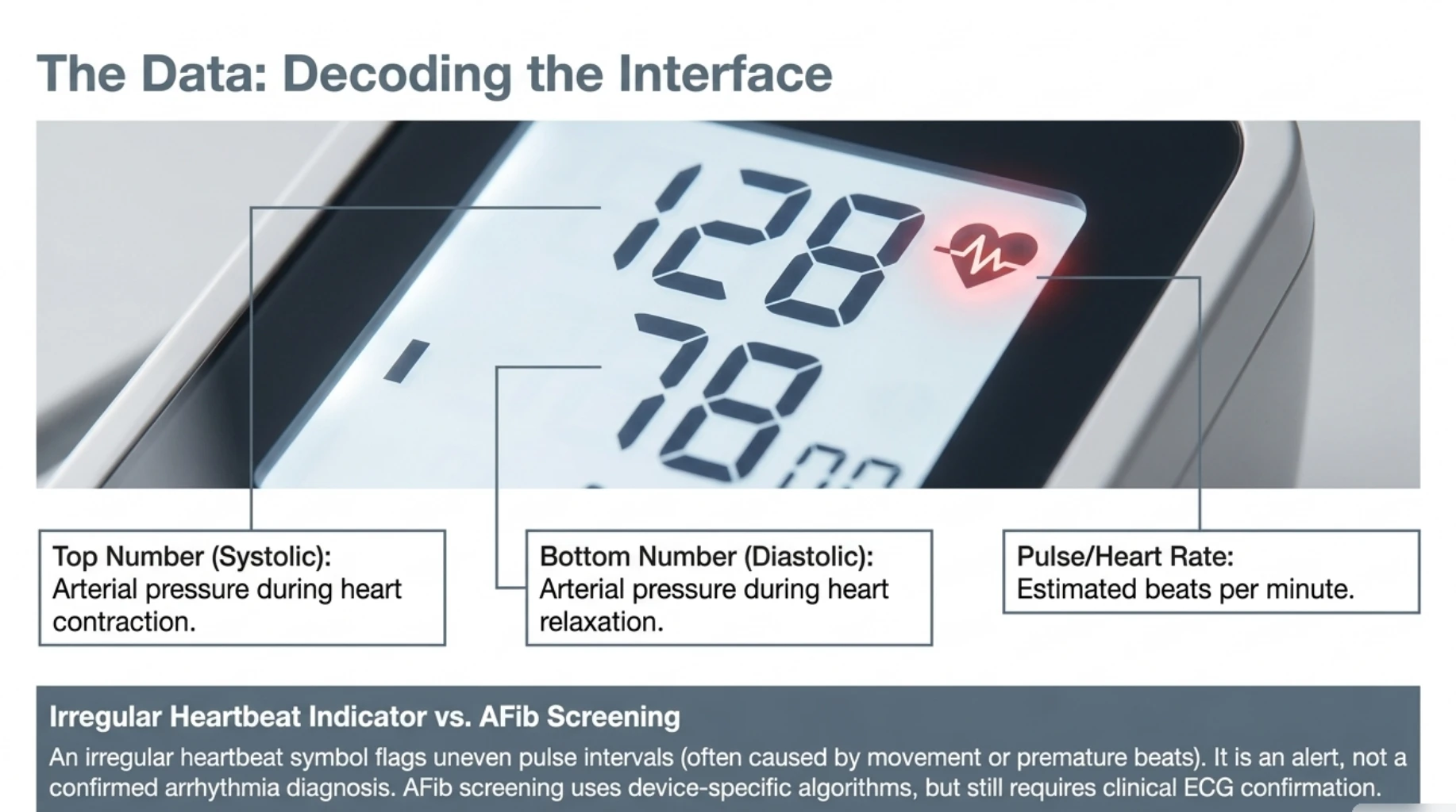 Home blood pressure monitor display showing systolic pressure, diastolic pressure, pulse rate and an irregular heartbeat indicator