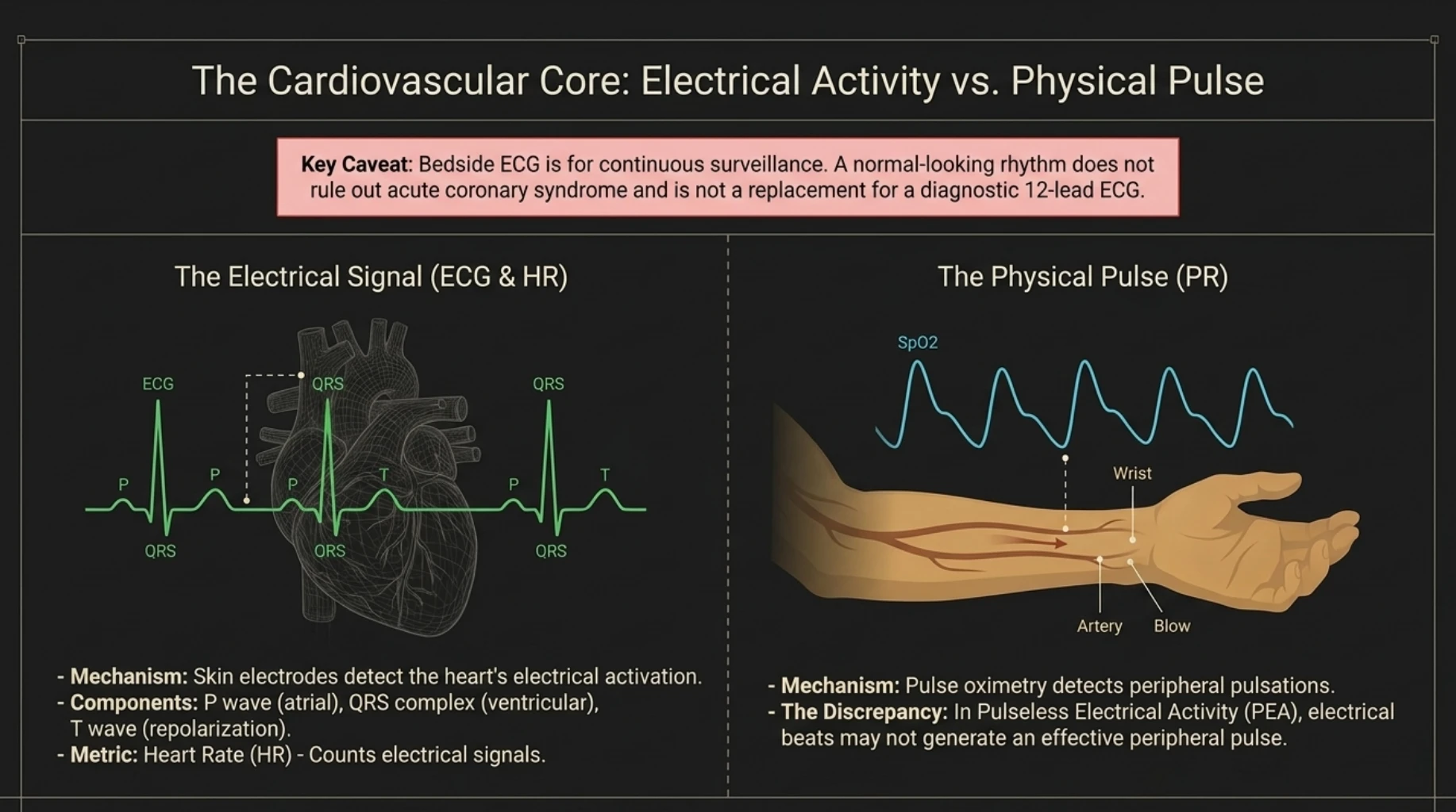 Comparison of ECG heart rate and peripheral pulse rate showing how electrical heart activity differs from the physical pulse detected by pulse oximetry