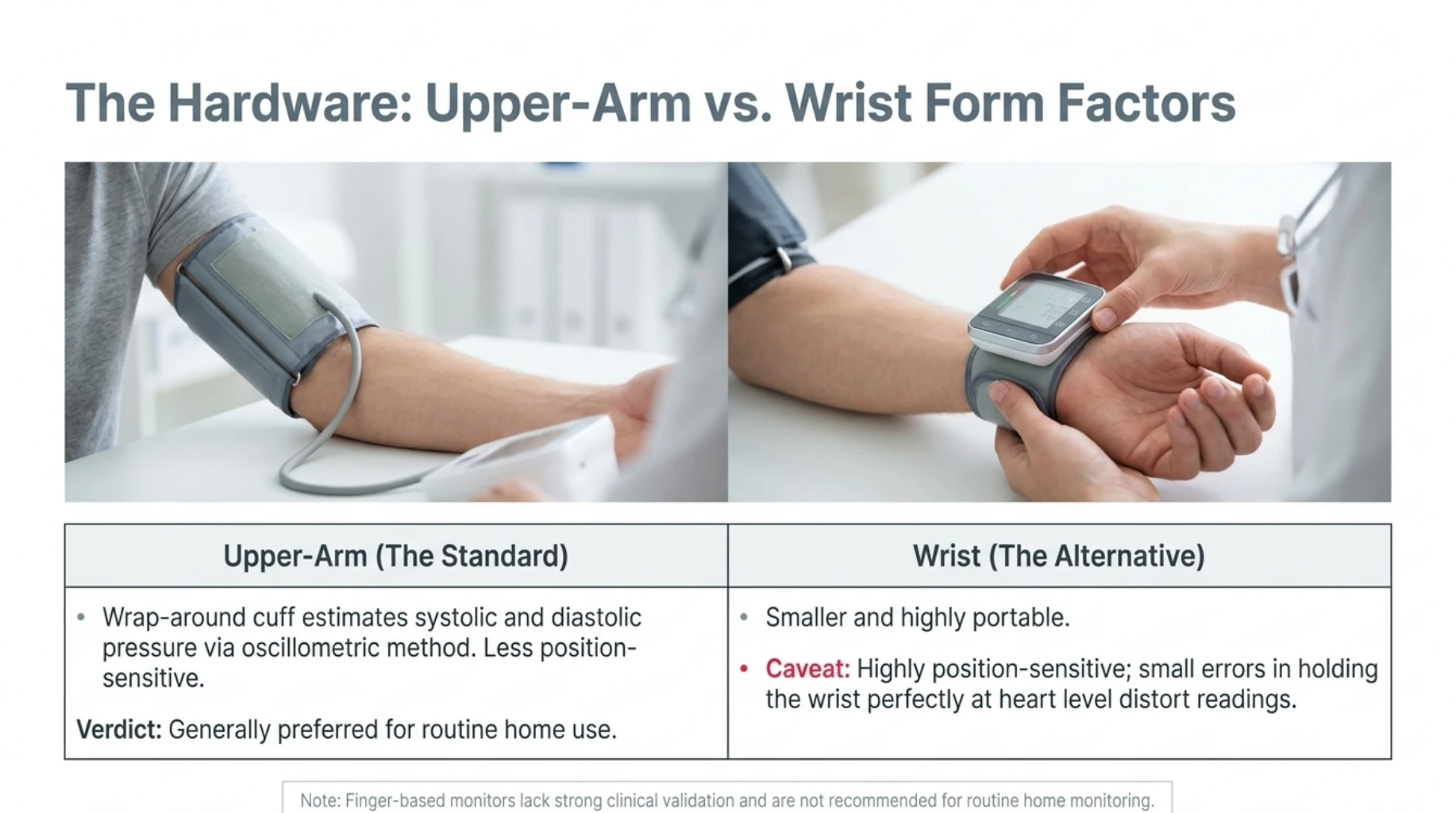 Upper-arm versus wrist blood pressure monitors showing why validated upper-arm devices are generally preferred for routine home blood pressure monitoring
