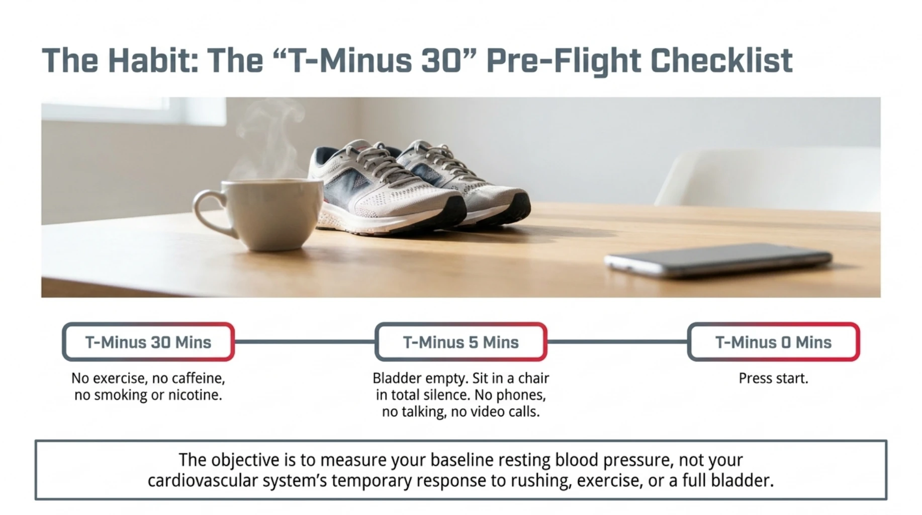Preparing for an accurate home blood pressure measurement by avoiding exercise, caffeine and smoking for 30 minutes and resting quietly for five minutes