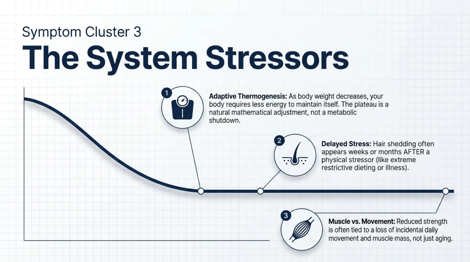 Weight loss plateau infographic explaining adaptive thermogenesis, delayed stress-related hair shedding and reduced daily movement or muscle mass