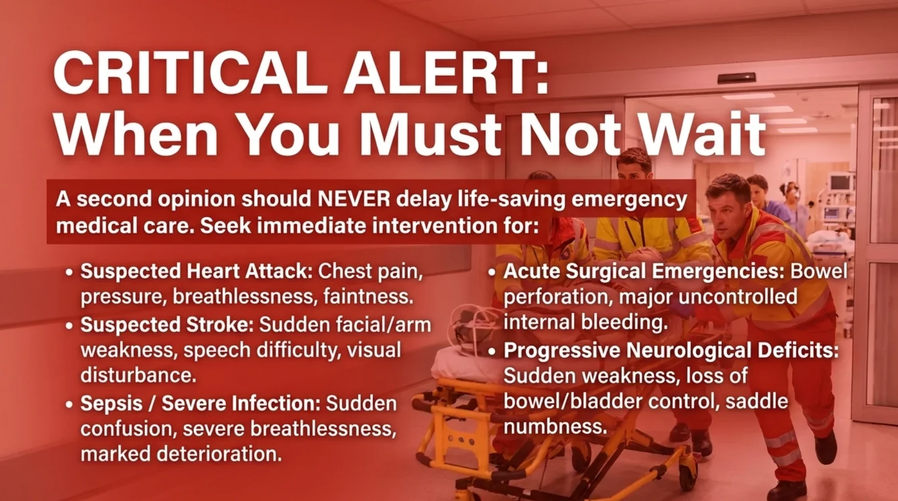Emergency medical care infographic highlighting why suspected heart attack, stroke, sepsis, acute surgical emergencies and progressive neurological symptoms require immediate treatment rather than waiting for a second opinion