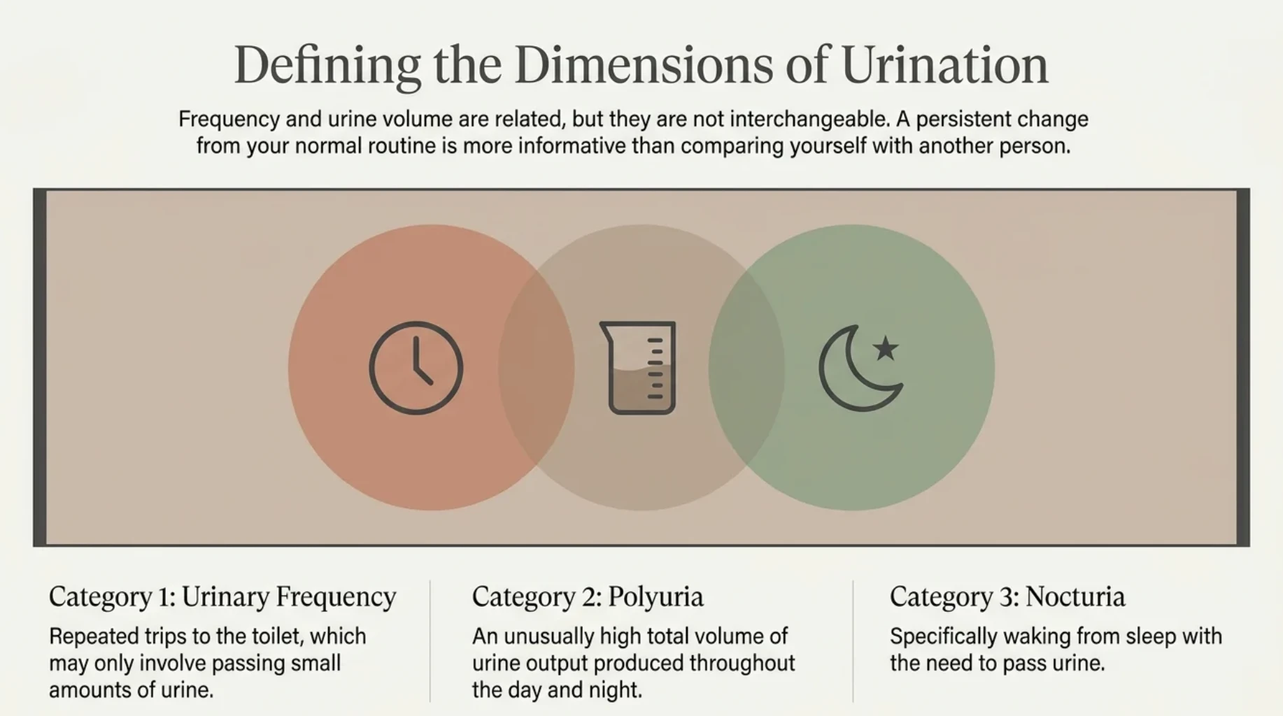 Infographic comparing urinary frequency, polyuria and nocturia, explaining the differences between repeated toilet visits, excessive urine production and waking at night to urinate