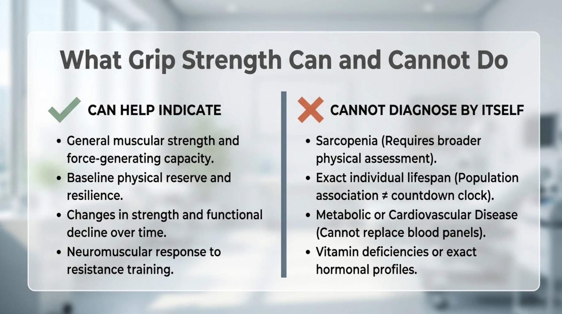 Grip strength can indicate general muscular capacity, physical reserve and changes in function but cannot independently diagnose sarcopenia, cardiovascular disease or nutritional deficiencies